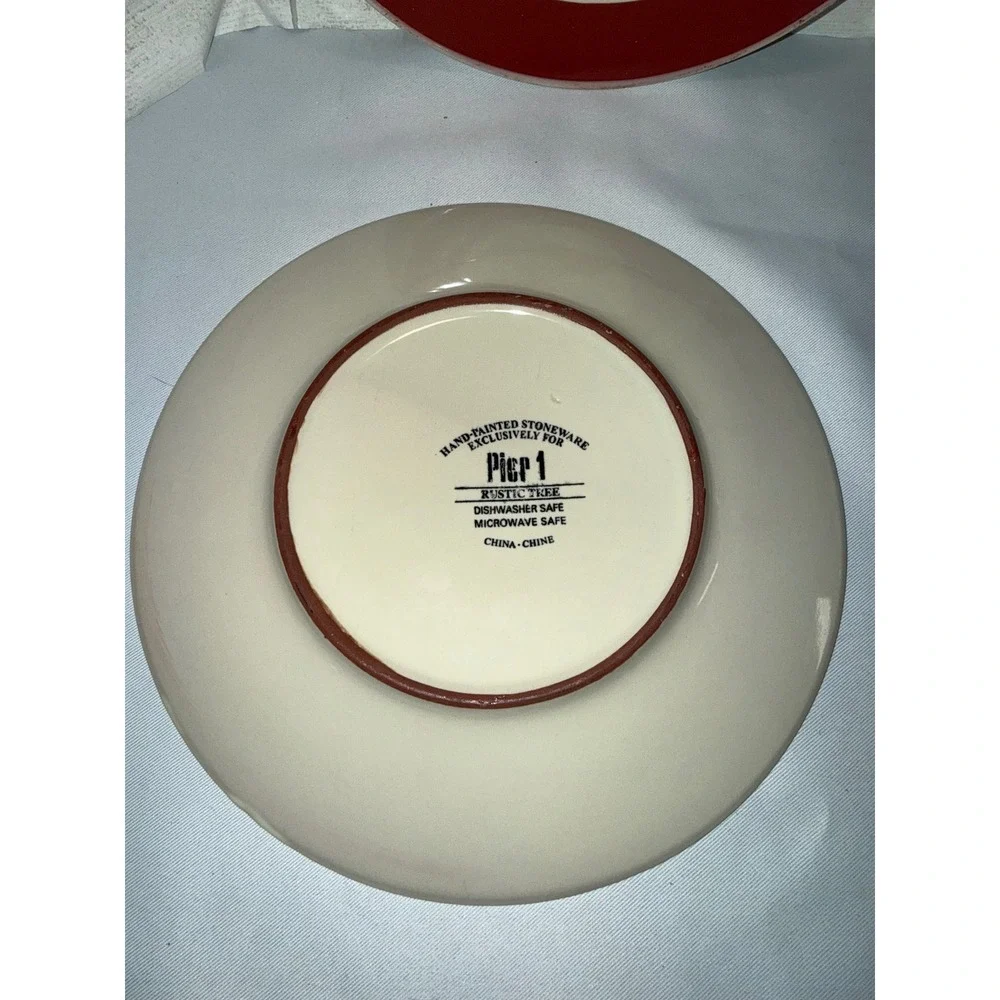 Pier 1 Rustic Tree Christmas Salad Plates Set 4 Red Rim Hand Painted Stoneware